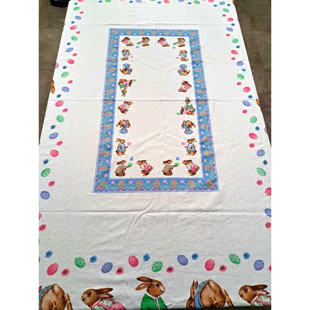 Easter Bunny & Egg Floral Fabric Rectangle Tablecloth Whimsical Cottagecore